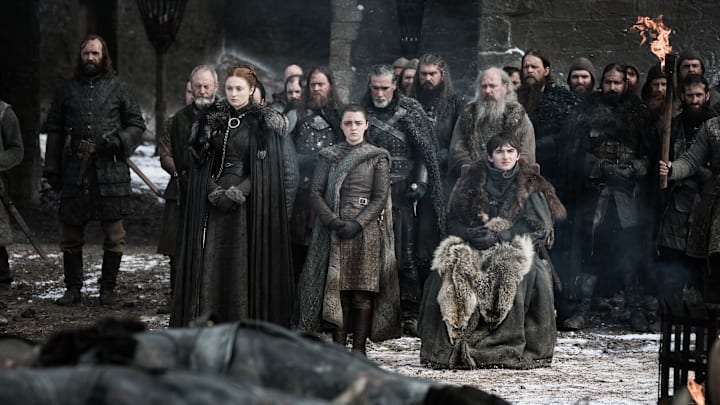 (L to R) Rory McCann as Sandor “The Hound” Clegane, Liam Cunningham as Davos Seaworth, Sophie Turner as Sansa Stark, Maisie Williams as Arya Stark, and Isaac Hempstead Wright as Bran Stark - Photo: Helen Sloan/HBO