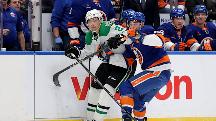 Feb 23, 2025; Elmont, New York, USA; New York Islanders center Marc Gatcomb (16) hits Dallas Stars left wing Jason Robertson (21) during the third period at UBS Arena. Mandatory Credit: Brad Penner-Imagn Images Feb 23, 2025; Elmont, New York, USA; New York Islanders center Marc Gatcomb (16) hits Dallas Stars left wing Jason Robertson (21) during the third period at UBS Arena. Mandatory Credit: Brad Penner-Imagn Images