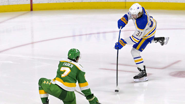 Feb 17, 2024; Saint Paul, Minnesota, USA;  Buffalo Sabres forward Casey Mittelstadt (37) scores a