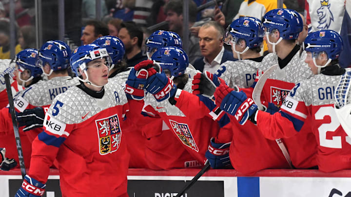 Jan 5, 2026; St. Paul, Minnesota, USA; Czechia defensemen Adam Jiricek (5) celebrates his goal against Sweden during the third period in the final of the 2026 IIHF World Junior Championship ice hockey tournament at Grand Casino Arena. Mandatory Credit: Nick Wosika-Imagn Images