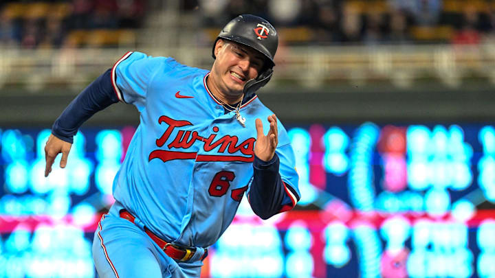 Sep 27, 2022; Minneapolis, Minnesota, USA;  Minnesota Twins infielder Jose Miranda (64) rounds third