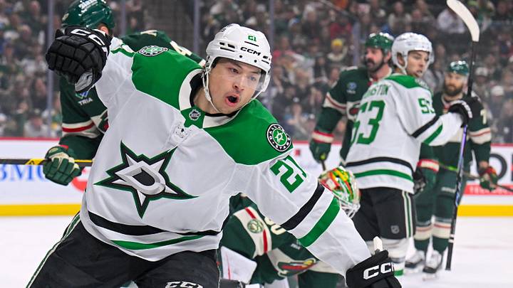 Apr 25, 2026; Saint Paul, Minnesota, USA; Dallas Stars forward Jason Robertson (21) celebrates his power play goal against the Minnesota Wild during the first period in game four of the first round of the 2026 Stanley Cup Playoffs at Grand Casino Arena. Mandatory Credit: Nick Wosika-Imagn Images