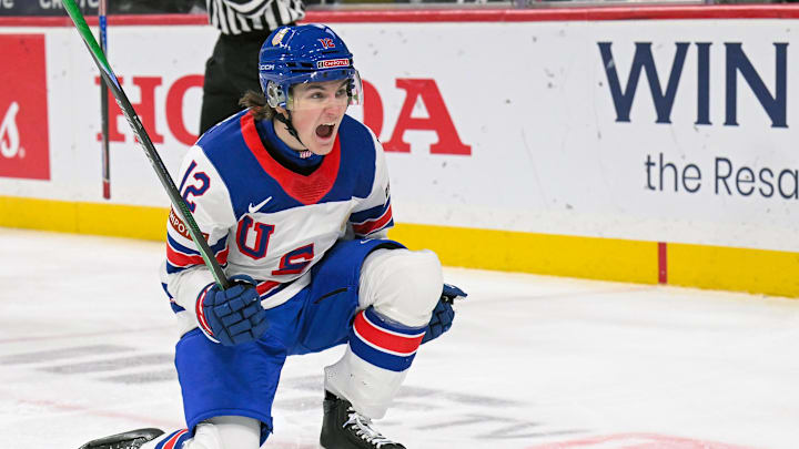 Dec 29, 2025; St. Paul, Minnesota, USA; USA forward Will Zellers (12) celebrates his power play goal against Slovakia during the third period of Group A play in the 2026 IIHF World Junior Championship at Grand Casino Arena. Mandatory Credit: Nick Wosika-Imagn Images