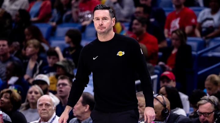 Los Angeles Lakers head coach JJ Redick looks on against the New Orleans Pelicans during the first half at Smoothie King Center. Mandatory Credit: Stephen Lew-Imagn Images