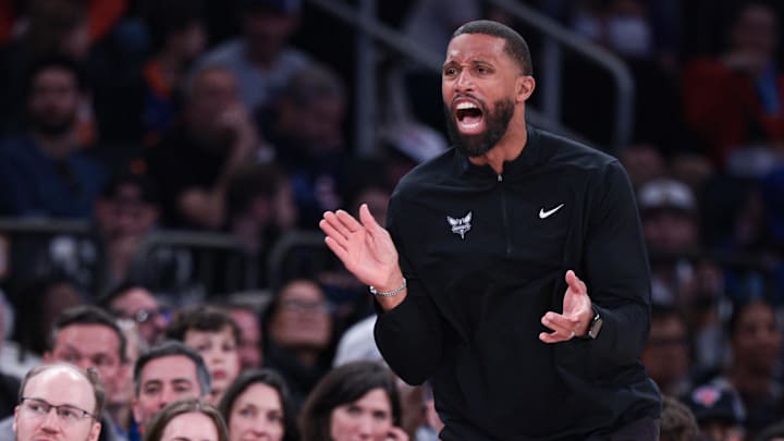 Apr 12, 2026; New York, New York, USA; Charlotte Hornets head coach Charles Lee reacts during the first half against the New York Knicks at Madison Square Garden. Mandatory Credit: Vincent Carchietta-Imagn Images