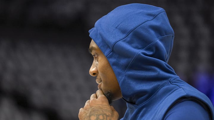 Nov 17, 2024; Minneapolis, Minnesota, USA;  Minnesota Timberwolves forward Jaden McDaniels (3) participates in shoot-around before a game against the Phoenix Suns at Target Center. Mandatory Credit: Nick Wosika-Imagn Images