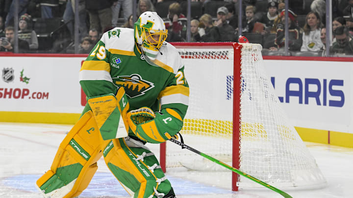 Nov 29, 2024; Saint Paul, Minnesota, USA;  Minnesota Wild goalie Marc-Andre Fleury (29) sets the puck up against the Chicago Blackhawks during the first period Xcel at Energy Center. Mandatory Credit: Nick Wosika-Imagn Images