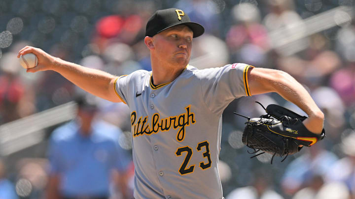 Jul 13, 2025; Minneapolis, Minnesota, USA;  Pittsburgh Pirates starting pitcher Mitch Keller (23) delivers a pitch against the Minnesota Twins during the second  inning at Target Field. 