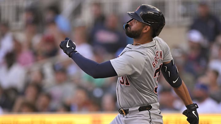 Detroit Tigers outfielder Riley Greene (31) hits a triple against the Minnesota Twins during the first inning at Target Field on July 3. Detroit Tigers outfielder Riley Greene (31) hits a triple against the Minnesota Twins during the first inning at Target Field on July 3.