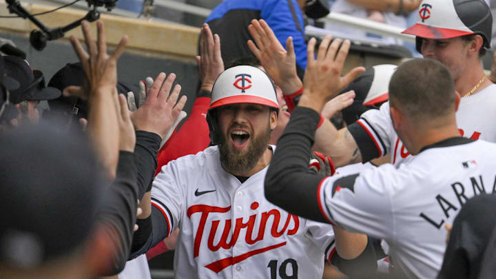 May 25, 2024; Minneapolis, Minnesota, USA; Minnesota Twins designated hitter Alex Kirilloff (19) celebrates his three-run home run against the Texas Rangers during the eighth inning at Target Field. May 25, 2024; Minneapolis, Minnesota, USA; Minnesota Twins designated hitter Alex Kirilloff (19) celebrates his three-run home run against the Texas Rangers during the eighth inning at Target Field.