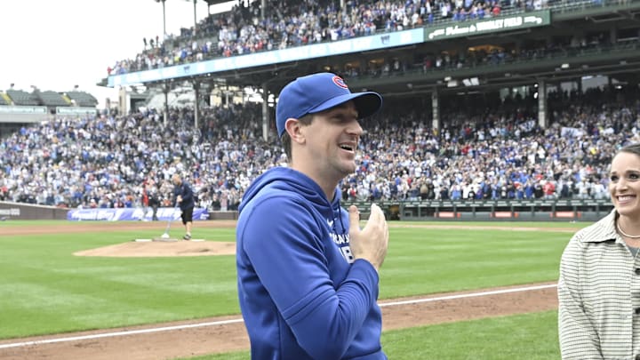 Sep 28, 2024; Chicago, Illinois, USA;  Chicago Cubs pitcher Kyle Hendricks (28) reacts to fans after the game against the Cincinnati Reds at Wrigley Field. Mandatory Credit: Matt Marton-Imagn Images