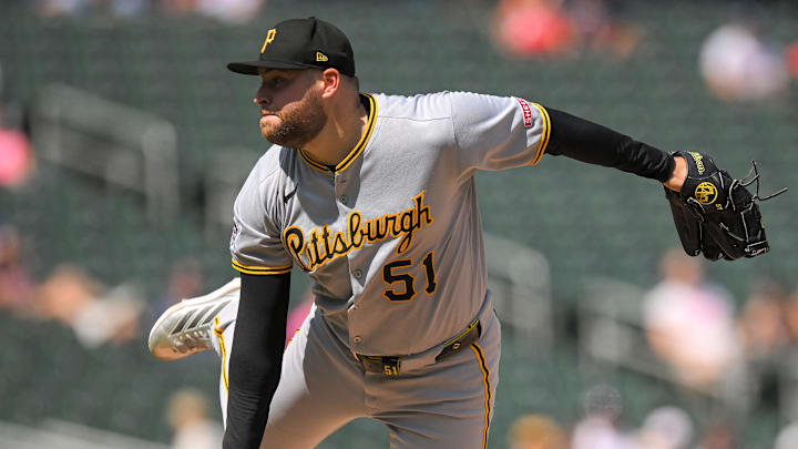 Jul 13, 2025; Minneapolis, Minnesota, USA; Pittsburgh Pirates relief pitcher David Bednar (51) delivers a pitch against the Minnesota Twins during the ninth inning at Target Field. Mandatory Credit: Nick Wosika-Imagn Images Jul 13, 2025; Minneapolis, Minnesota, USA; Pittsburgh Pirates relief pitcher David Bednar (51) delivers a pitch against the Minnesota Twins during the ninth inning at Target Field. Mandatory Credit: Nick Wosika-Imagn Images