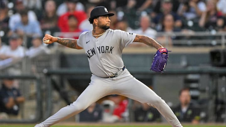 Sep 17, 2025; Minneapolis, Minnesota, USA;  New York Yankees starting pitcher Luis Gil (81) delivers a pitch against the Minnesota Twins during the second inning at Target Field. Mandatory Credit: Nick Wosika-Imagn Images


