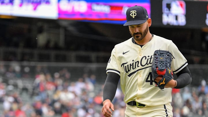 Minnesota Twins pitcher Pablo Lopez (49) heads to the dugout after being pulled against the Texas Rangers during the fifth inning at Target Field in Minneapolis on May 26, 2024. 