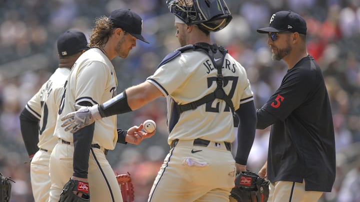 Jul 24, 2024; Minneapolis, Minnesota, USA; Minnesota Twins manager Rocco Baldelli (5) removes relief pitcher Steven Okert (16) from the game after one out against the Philadelphia Phillies during the first inning at Target Field. Jul 24, 2024; Minneapolis, Minnesota, USA; Minnesota Twins manager Rocco Baldelli (5) removes relief pitcher Steven Okert (16) from the game after one out against the Philadelphia Phillies during the first inning at Target Field.