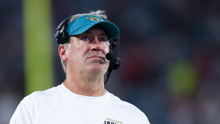 Aug 17, 2024; Jacksonville, Florida, USA; Jacksonville Jaguars head coach Doug Pederson looks on against the Tampa Bay Buccaneers in the second quarter during a preseason game at EverBank Stadium. Mandatory Credit: Nathan Ray Seebeck-USA TODAY Sports