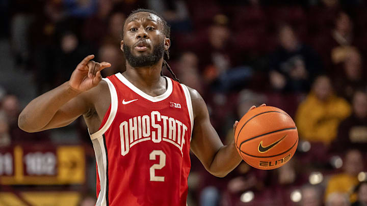 Jan 6, 2025; Minneapolis, Minnesota, USA; Ohio State Buckeyes guard Bruce Thornton (2) calls a play as he brings the ball up the court against the Minnesota Golden Gophers during the second half at Williams Arena. Mandatory Credit: Nick Wosika-Imagn Images Jan 6, 2025; Minneapolis, Minnesota, USA; Ohio State Buckeyes guard Bruce Thornton (2) calls a play as he brings the ball up the court against the Minnesota Golden Gophers during the second half at Williams Arena. Mandatory Credit: Nick Wosika-Imagn Images