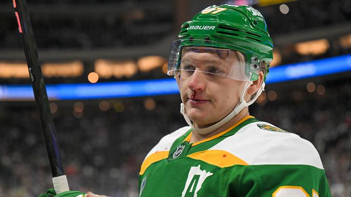 Apr 2, 2026; Saint Paul, Minnesota, USA; Minnesota Wild forward Kirill Kaprizov (97) heads to the bench to stop a bloody nose against the Vancouver Canucks during the third period at Grand Casino Arena. Mandatory Credit: Nick Wosika-Imagn Images Apr 2, 2026; Saint Paul, Minnesota, USA; Minnesota Wild forward Kirill Kaprizov (97) heads to the bench to stop a bloody nose against the Vancouver Canucks during the third period at Grand Casino Arena. Mandatory Credit: Nick Wosika-Imagn Images