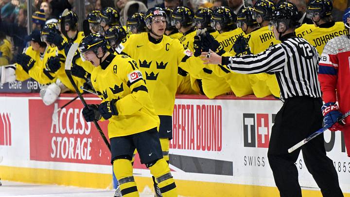 Jan 5, 2026; St. Paul, Minnesota, USA; Sweden forward Victor Eklund (18) celebrates his power play goal against Czechia during the second period in the final of the 2026 IIHF World Junior Championship ice hockey tournament at Grand Casino Arena. Mandatory Credit: Nick Wosika-Imagn Images Jan 5, 2026; St. Paul, Minnesota, USA; Sweden forward Victor Eklund (18) celebrates his power play goal against Czechia during the second period in the final of the 2026 IIHF World Junior Championship ice hockey tournament at Grand Casino Arena. Mandatory Credit: Nick Wosika-Imagn Images