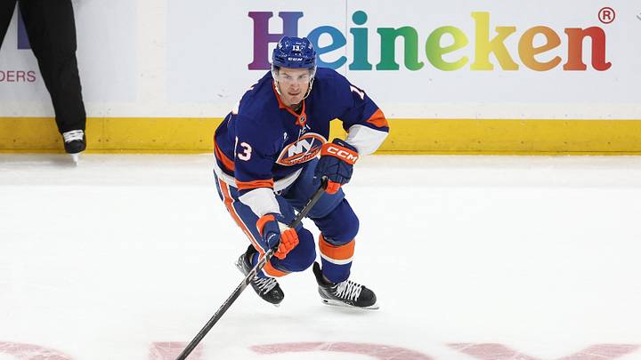 Mar 26, 2026; Elmont, New York, USA; New York Islanders center Mathew Barzal (13) controls the puck in the first period against the Dallas Stars at UBS Arena. Mandatory Credit: Wendell Cruz-Imagn Images Mar 26, 2026; Elmont, New York, USA; New York Islanders center Mathew Barzal (13) controls the puck in the first period against the Dallas Stars at UBS Arena. Mandatory Credit: Wendell Cruz-Imagn Images