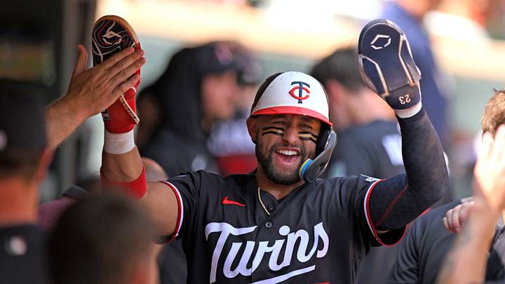 Aug 12, 2026; Minneapolis, Minnesota, USA;  Minnesota Twins infielder Royce Lewis (23) celebrates scoring a run against the Baltimore Orioles during the third inning at Target Field. Mandatory Credit: Nick Wosika-Imagn Images