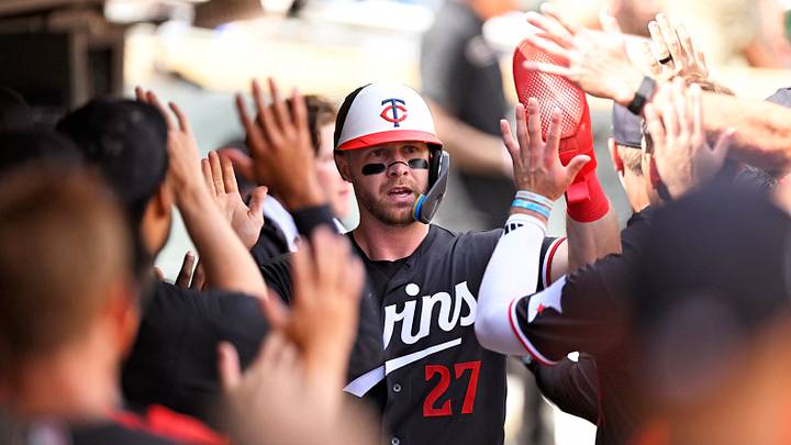 Aug 30, 2026; Minneapolis, Minnesota, USA;  Minnesota Twins catcher Ryan Jeffers (27) celebrates scoring a run against the Chicago White Sox during the third inning at Target Field.  Mandatory Credit: Nick Wosika-Imagn Images