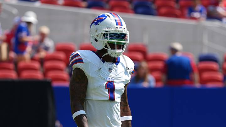 Aug 15, 2026; Orchard Park, New York, USA; Buffalo Bills wide receiver Mecole Hardman Jr. (1) prior to the game between the Carolina Panthers and Buffalo Bills at New Highmark Stadium. 