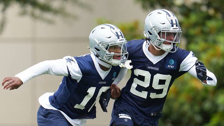 Dallas Cowboys cornerback Devin Moore (29) and safety Caleb Downs. Dallas Cowboys cornerback Devin Moore (29) and safety Caleb Downs.