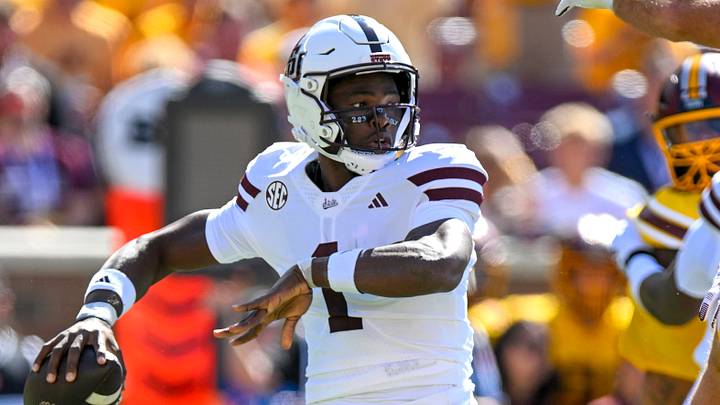 Sep 12, 2026; Minneapolis, Minnesota, USA;  Mississippi State Bulldogs quarterback Kamario Taylor (1) throws a pass against the Minnesota Golden Gophers during the first quarter at Huntington Bank Stadium.  Mandatory Credit: Nick Wosika-Imagn Images