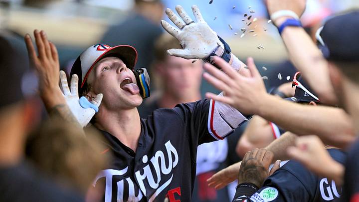 Minnesota Twins infielder Luke Keaschall (15) celebrates his solo home run.  Credit: Nick Wosika-Imagn Images