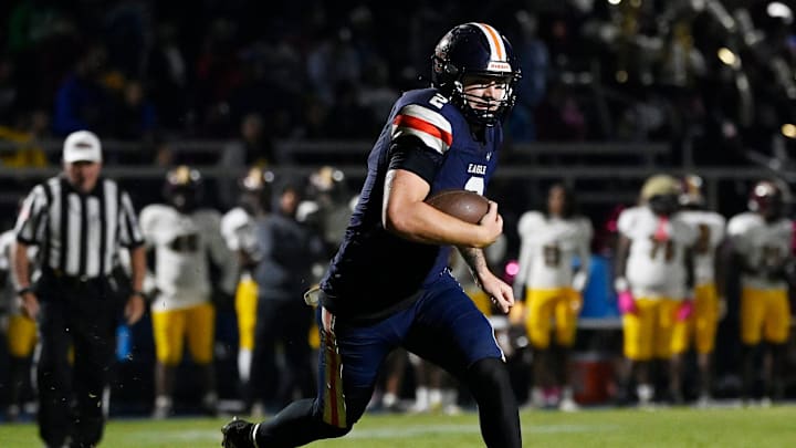 Nashville Christian quarterback Jared Curtis (2) runs the ball in for the go-ahead touchdown with 50 second left in game against Tyner Friday, Oct. 10, 2025, in Nashville, Tenn.