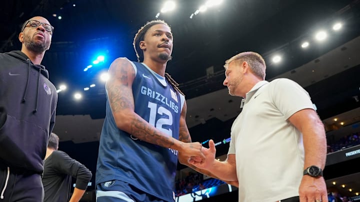 Grizzlies' Ja Morant (12) walks off the court after open practice at the FedExForum on October 4, 2025, in Memphis, Tenn.