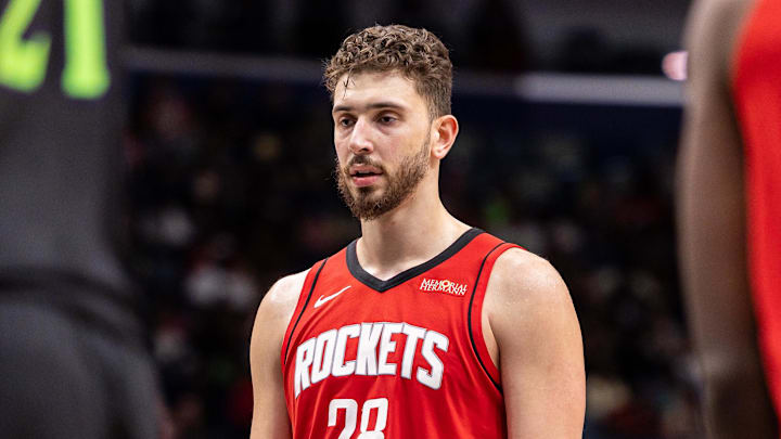 Mar 29, 2026; New Orleans, Louisiana, USA; Houston Rockets center Alperen Sengun (28) looks on against the New Orleans Pelicans during the second half at Smoothie King Center. Mandatory Credit: Stephen Lew-Imagn Images Mar 29, 2026; New Orleans, Louisiana, USA; Houston Rockets center Alperen Sengun (28) looks on against the New Orleans Pelicans during the second half at Smoothie King Center. Mandatory Credit: Stephen Lew-Imagn Images