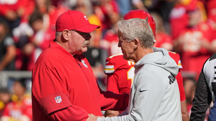 Oct 19, 2025; Kansas City, Missouri, USA; Kansas City Chiefs head coach Andy Reid shakes hands with Las Vegas Raiders head coach Pete Carroll during warmups prior to the game at GEHA Field at Arrowhead Stadium. Mandatory Credit: Denny Medley-Imagn Images