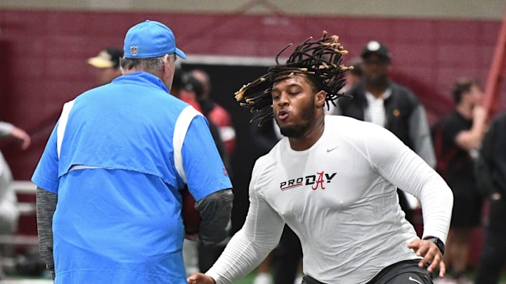 Mar 20, 2024; Tuscaloosa, Alabama, USA; Alabama offensive lineman JC Latham runs a drill at the Hank