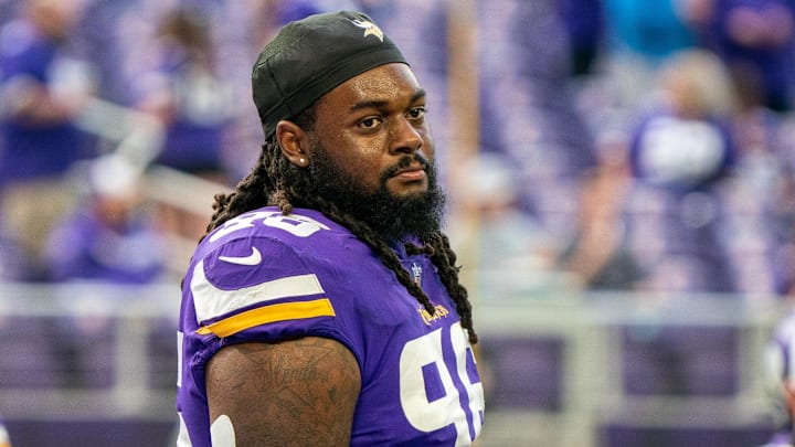 Oct 10, 2021; Minneapolis, Minnesota, USA; Minnesota Vikings defensive tackle Armon Watts (96) warms