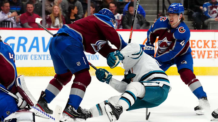 Mar 7, 2023; Denver, Colorado, USA; Colorado Avalanche defenseman Jack Johnson (3) hits San Jose