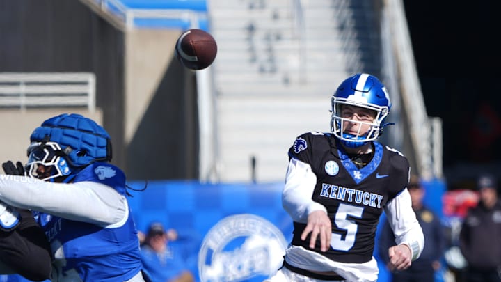 Kentucky’s Zach Calzada threw a completion against the defense of Kentucky during their Spring practice finale at Kroger Field.
April 12, 2025
