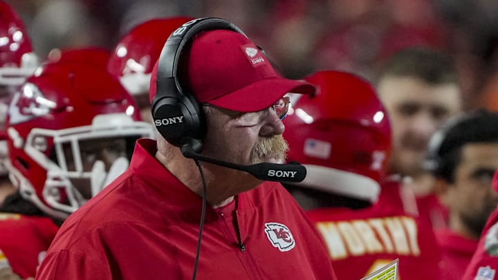 Dec 25, 2025; Kansas City, Missouri, USA; Kansas City Chiefs coach Andy Reid during the second quarter at GEHA Field at Arrowhead Stadium. Mandatory Credit: Denny Medley-Imagn Images