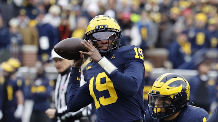 Nov 29, 2025; Ann Arbor, Michigan, USA;  Michigan Wolverines quarterback Bryce Underwood (19) passes against the Ohio State Buckeyes at Michigan Stadium. Mandatory Credit: Rick Osentoski-Imagn Images