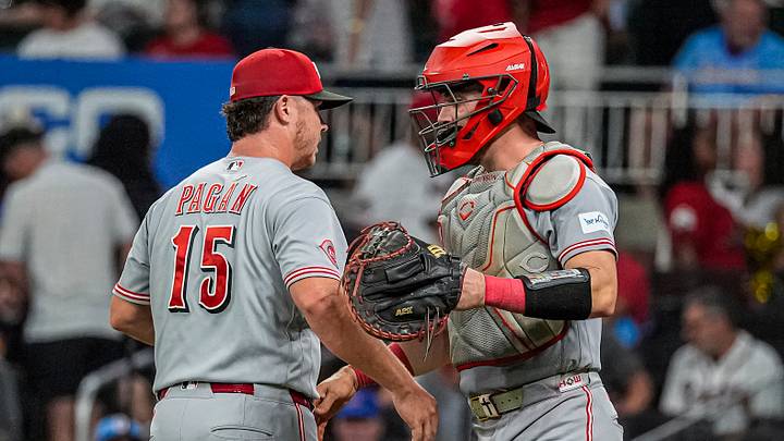 Sep 22, 2026; Cumberland, Georgia, USA; Cincinnati Reds pitcher Emilio Pagan (15) and catcher Tyler Stephenson (37) react after the Reds defeated the Atlanta Braves at Truist Park. Mandatory Credit: Dale Zanine-Imagn Images Sep 22, 2026; Cumberland, Georgia, USA; Cincinnati Reds pitcher Emilio Pagan (15) and catcher Tyler Stephenson (37) react after the Reds defeated the Atlanta Braves at Truist Park. Mandatory Credit: Dale Zanine-Imagn Images