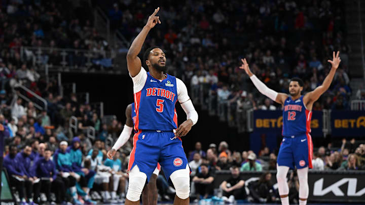 Feb 9, 2025; Detroit, Michigan, USA;  Detroit Pistons guard Malik Beasley (5) celebrates after making a three-point shot against the Charlotte Hornets in the first quarter at Little Caesars Arena. Mandatory Credit: Lon Horwedel-Imagn Images