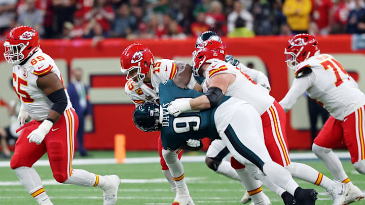 Feb 9, 2025; New Orleans, LA, USA; Philadelphia Eagles defensive tackle Jordan Davis (90) sacks Kansas City Chiefs quarterback Patrick Mahomes (15) during the second half of Super Bowl LIX at Caesars Superdome. Mandatory Credit: Geoff Burke-Imagn Images