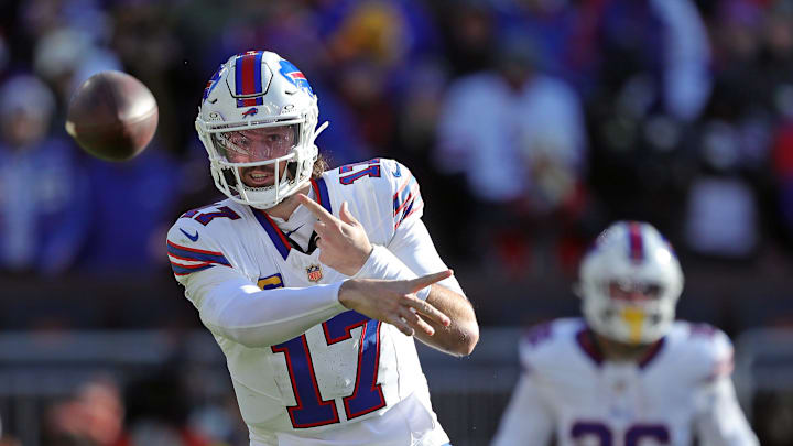 Buffalo Bills quarterback Josh Allen (17) gets a pass off during the first half of an NFL football game at Huntington Bank Field, Dec. 21, 2025, in Cleveland, Ohio.