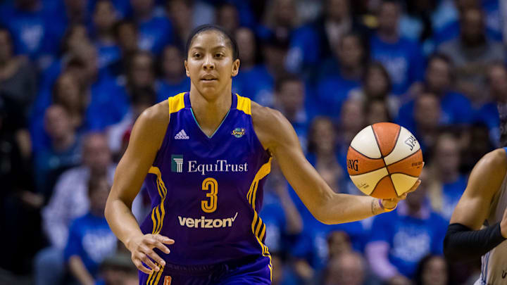 Sep 26, 2017; Minneapolis, MN, USA; Los Angeles Sparks forward Candace Parker (3) dribbles in the fourth quarter against the Minnesota Lynx in Game 2 of the WNBA Finals at Williams Arena. Mandatory Credit: Brad Rempel-Imagn Images