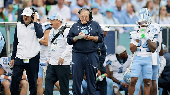 Aug 29, 2026; Dublin, Co. Dublin, IRL; North Carolina Tar Heels head coach Bill Belichick against the TCU Horned Frogs in the first half at Aviva Stadium. Mandatory Credit: Laszlo Geczo-Imagn Images