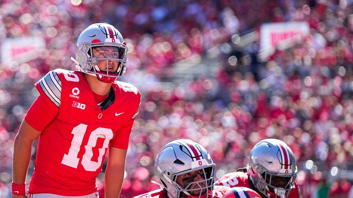 Ohio State Buckeyes quarterback Julian Sayin (10) speaks to his teammates in the second half of the NCAA football game at Ohio Stadium on Sept. 26, 2026 in Columbus, Ohio. Ohio State Buckeyes quarterback Julian Sayin (10) speaks to his teammates in the second half of the NCAA football game at Ohio Stadium on Sept. 26, 2026 in Columbus, Ohio.