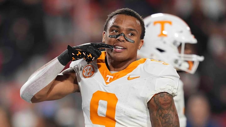 Tennessee defensive back Jakobe Thomas (9) warms up before a college football game between Tennessee and Georgia at Sanford Stadium in Athens, Ga., on Saturday, Nov. 16, 2024.