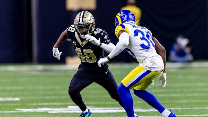 Dec 1, 2024; New Orleans, Louisiana, USA; New Orleans Saints safety J.T. Gray (48) and New Orleans Saints safety Roderic Teamer (30) run downfield. Dec 1, 2024; New Orleans, Louisiana, USA; New Orleans Saints safety J.T. Gray (48) and New Orleans Saints safety Roderic Teamer (30) run downfield.
