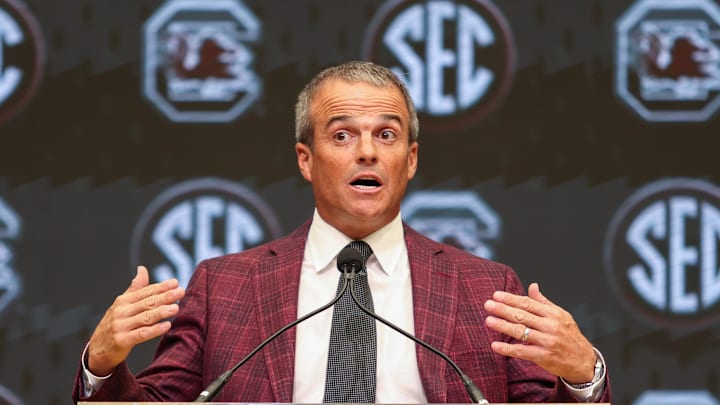 Jul 14, 2025; Atlanta, GA, USA; South Carolina Gamecocks head coach Shane Beamer talks to the media during SEC Media Day at Omni Atlanta Hotel. Mandatory Credit: Jordan Godfree-Imagn Images